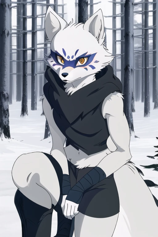 Alopex, arctic fox, anime, furry, blue marks face, tmnt, smile, orange eyes, girl1, solo, shower, brown cloak, black bandage, best quality, masterpiece, overview angle shot