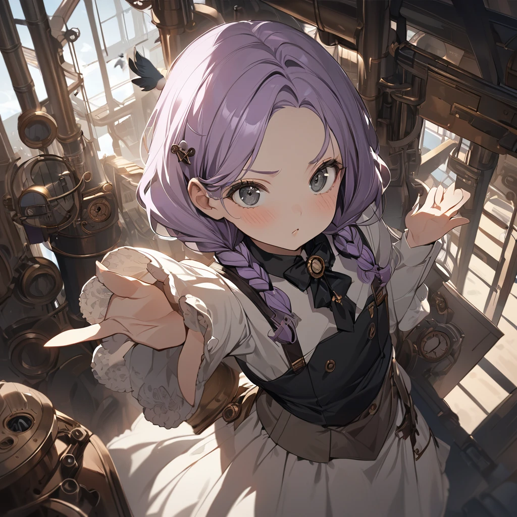 (Cute a girl:1.5), (a girl with closs hair pin,pale purple hair,wavy two braids,bluntbangs hair,green and black eyes, :1.4),
(masterpiece:1.3), anime visual, (tilt head:1.3), extremely delicate face, realistic lighting and shading, (an extremely delicate and beautiful art:1.3), elegant, (muted colors:1.1), Looking up, blushing, one hand holding her crotch, the other hand resting on the girl's lips, pouting lips, perfectly flat chest,look at viewer,fullbody shot,Steampunk factory, steampunk bird, a girl in a uniform is riding a bird and flying into the sky, looking towards me and waving,