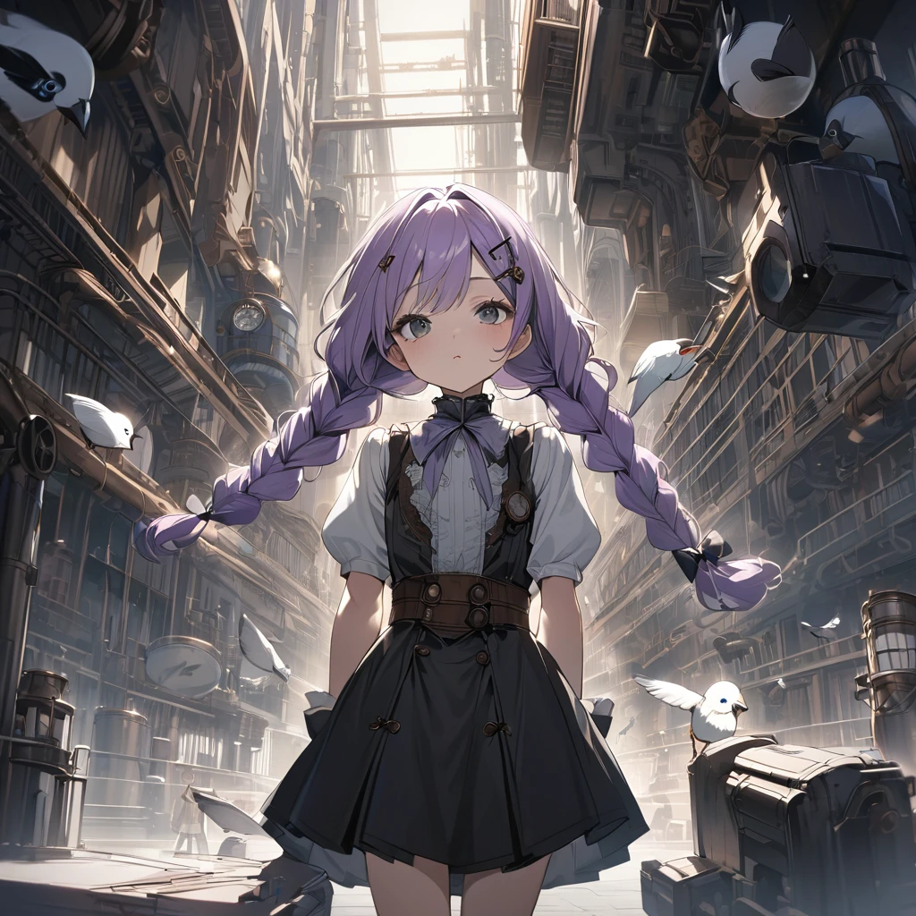 (Cute a girl:1.5), (a girl with closs hair pin,pale purple hair,wavy two braids,bluntbangs hair,green and black eyes, :1.4),
(masterpiece:1.3), anime visual, (tilt head:1.3), extremely delicate face, realistic lighting and shading, (an extremely delicate and beautiful art:1.3), elegant, (muted colors:1.1), Looking up, blushing, one hand holding her crotch, the other hand resting on the girl's lips, pouting lips, perfectly flat chest,look at viewer,fullbody shot,Steampunk factory, steampunk bird, a girl in a uniform is riding a bird and flying into the sky, looking towards me and waving,