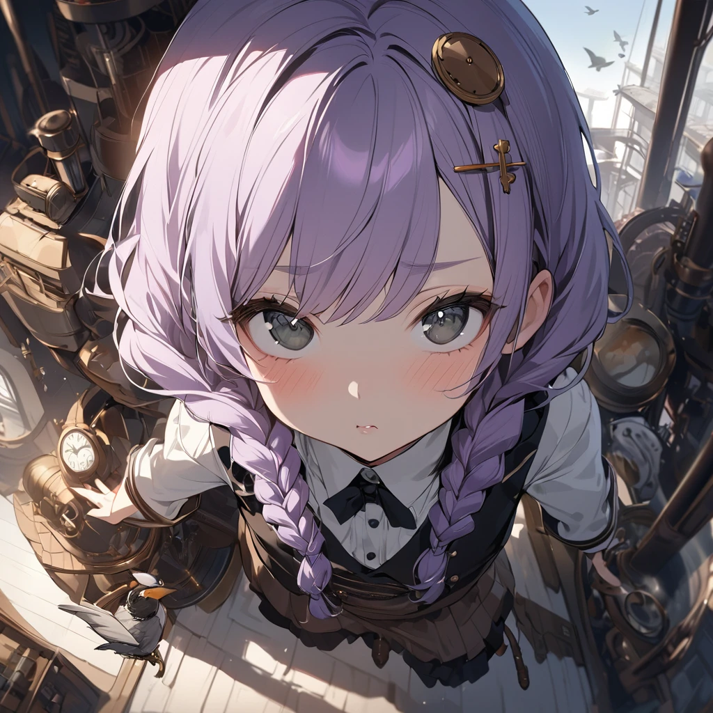 (Cute a girl:1.5), (a girl with closs hair pin,pale purple hair,wavy two braids,bluntbangs hair,green and black eyes, :1.4),
(masterpiece:1.3), anime visual, (tilt head:1.3), extremely delicate face, realistic lighting and shading, (an extremely delicate and beautiful art:1.3), elegant, (muted colors:1.1), Looking up, blushing, one hand holding her crotch, the other hand resting on the girl's lips, pouting lips, perfectly flat chest,look at viewer,fullbody shot,Steampunk factory, steampunk bird, a girl in a uniform is riding a bird and flying into the sky, looking towards me and waving,