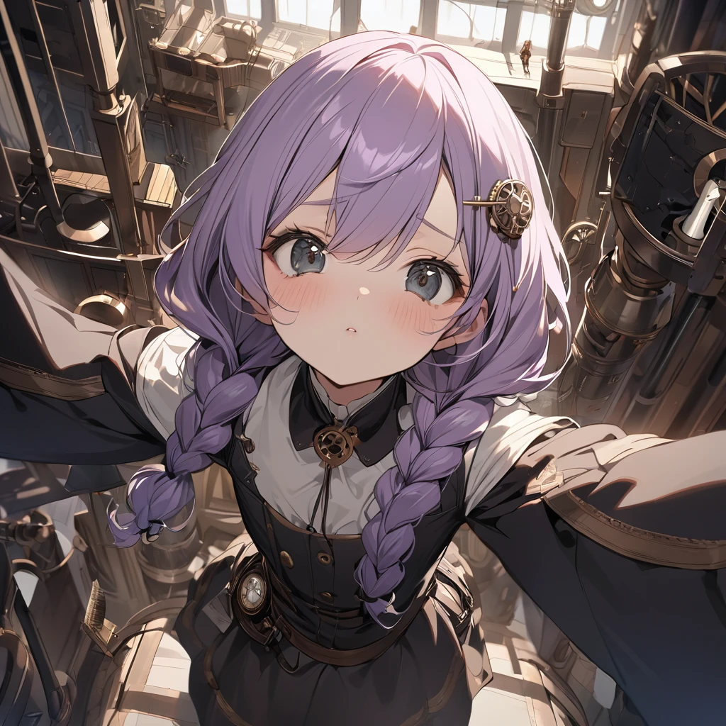(Cute a girl:1.5), (a girl with closs hair pin,pale purple hair,wavy two braids,bluntbangs hair,green and black eyes, :1.4),
(masterpiece:1.3), anime visual, (tilt head:1.3), extremely delicate face, realistic lighting and shading, (an extremely delicate and beautiful art:1.3), elegant, (muted colors:1.1), Looking up, blushing, one hand holding her crotch, the other hand resting on the girl's lips, pouting lips, perfectly flat chest,look at viewer,fullbody shot,Steampunk factory, steampunk bird, a girl in a uniform is riding a bird and flying into the sky, looking towards me and waving,