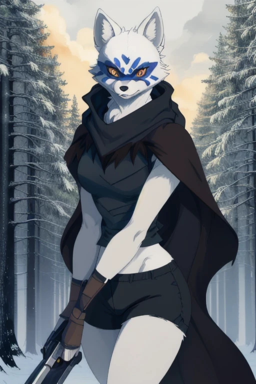Alopex, arctic fox, furry, blue marks face, tmnt,angry look, orange eyes, girl1, solo, park, forest, brown cloak, black shirt, black shorts, best quality, grey bandage arms and legs, masterpiece,