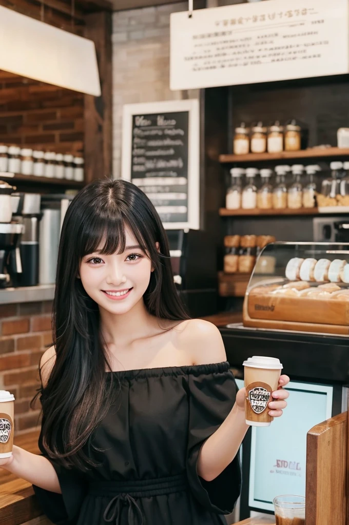 Girls in their 20s、Long black hair、There are bangs、Off-the-shoulder dress、Looking at me and smiling、coffee shop