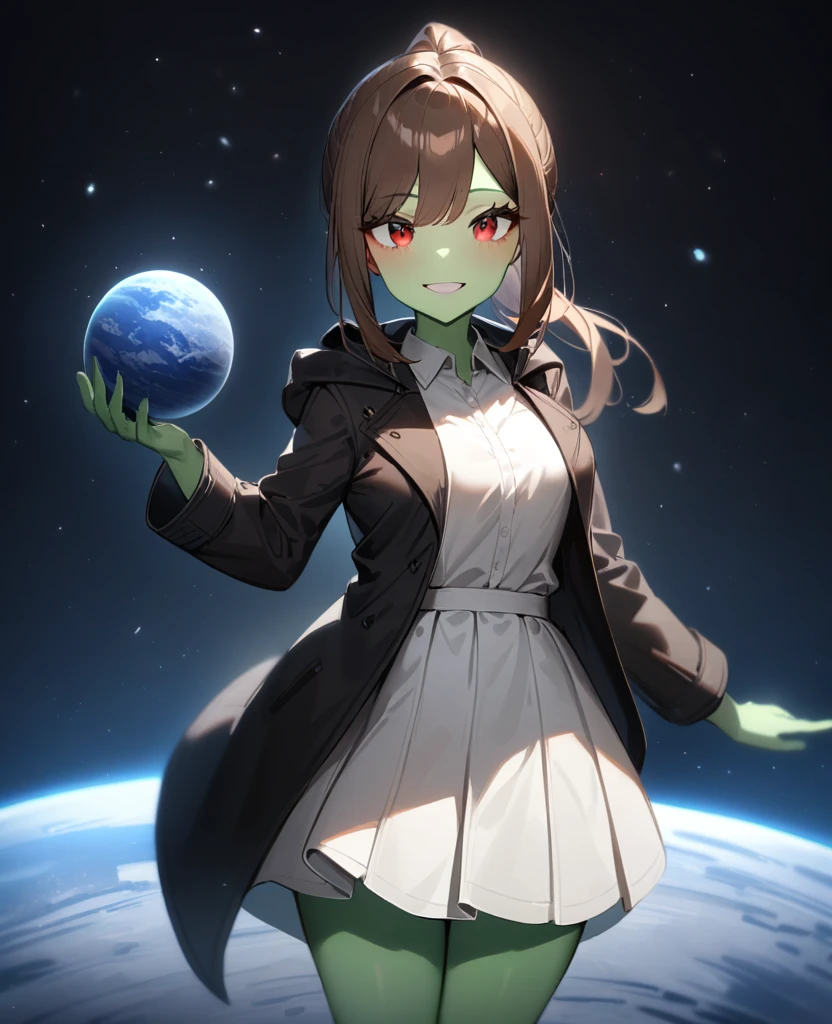 1girl,solo,red eyes,((brown hair:1.5)),ponytail,((light green skin)), old tattered black coat, long white skirt, white shirt,cowboy shot,on moon, blue and grey ringed planet in sky,Science fiction,ultra-detailed,sharp focus,aesthetic,(best quality) smiling, giantess