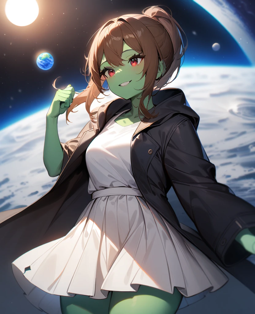 1girl,solo,red eyes,((brown hair:1.5)),ponytail,((light green skin)), old tattered black coat, long white skirt, white shirt,cowboy shot,on moon, blue and grey ringed planet in sky,Science fiction,ultra-detailed,sharp focus,aesthetic,(best quality) smiling, giantess