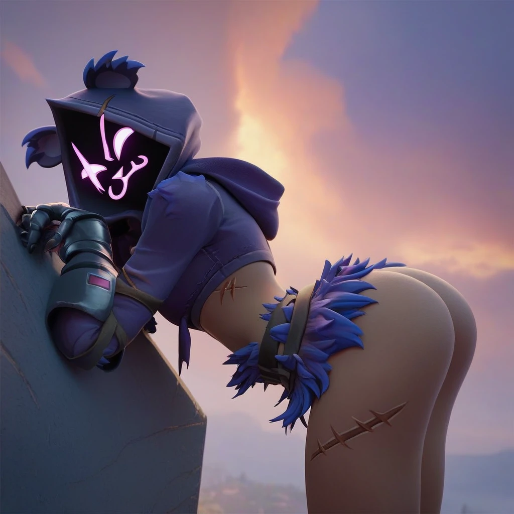 Raven team leader,purple hoodie, with no face, shadowed face, animal ears,purple skin, scar on eye, body skin, purple fur, waist belt, torso symbol, metal gloves, pointing your ass at the viewer, leaning forward, pushing, she closes her eyes, hands resting on top of a small wall, arms on top of a wall with her eyes closed, expression of force, stomachache, stomach growling. scenery and a sunny day