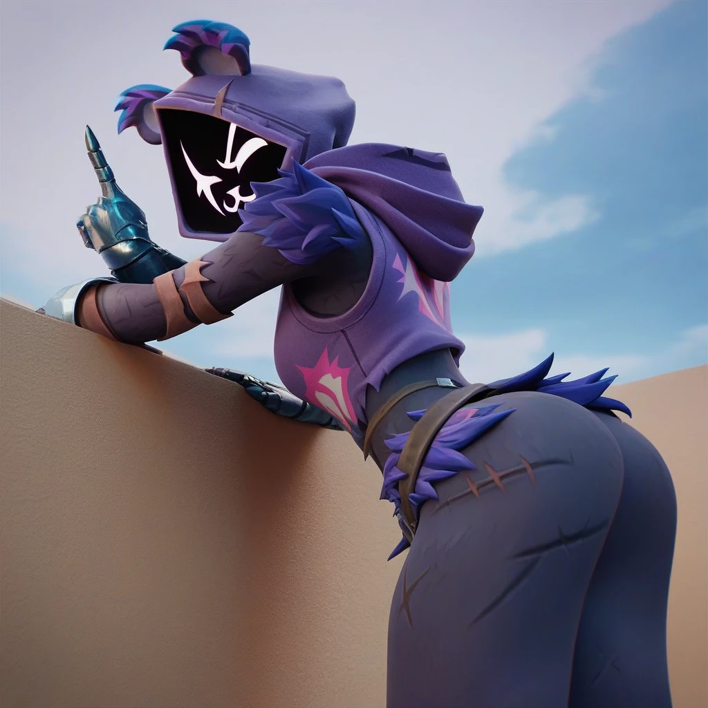 Raven team leader,purple hoodie, with no face, shadowed face, animal ears,purple skin, scar on eye, body skin, purple fur, waist belt, torso symbol, metal gloves, pointing your ass at the viewer, leaning forward, pushing, she closes her eyes, hands resting on top of a small wall, arms on top of a wall with her eyes closed, expression of force, stomachache, stomach growling. scenery and a sunny day