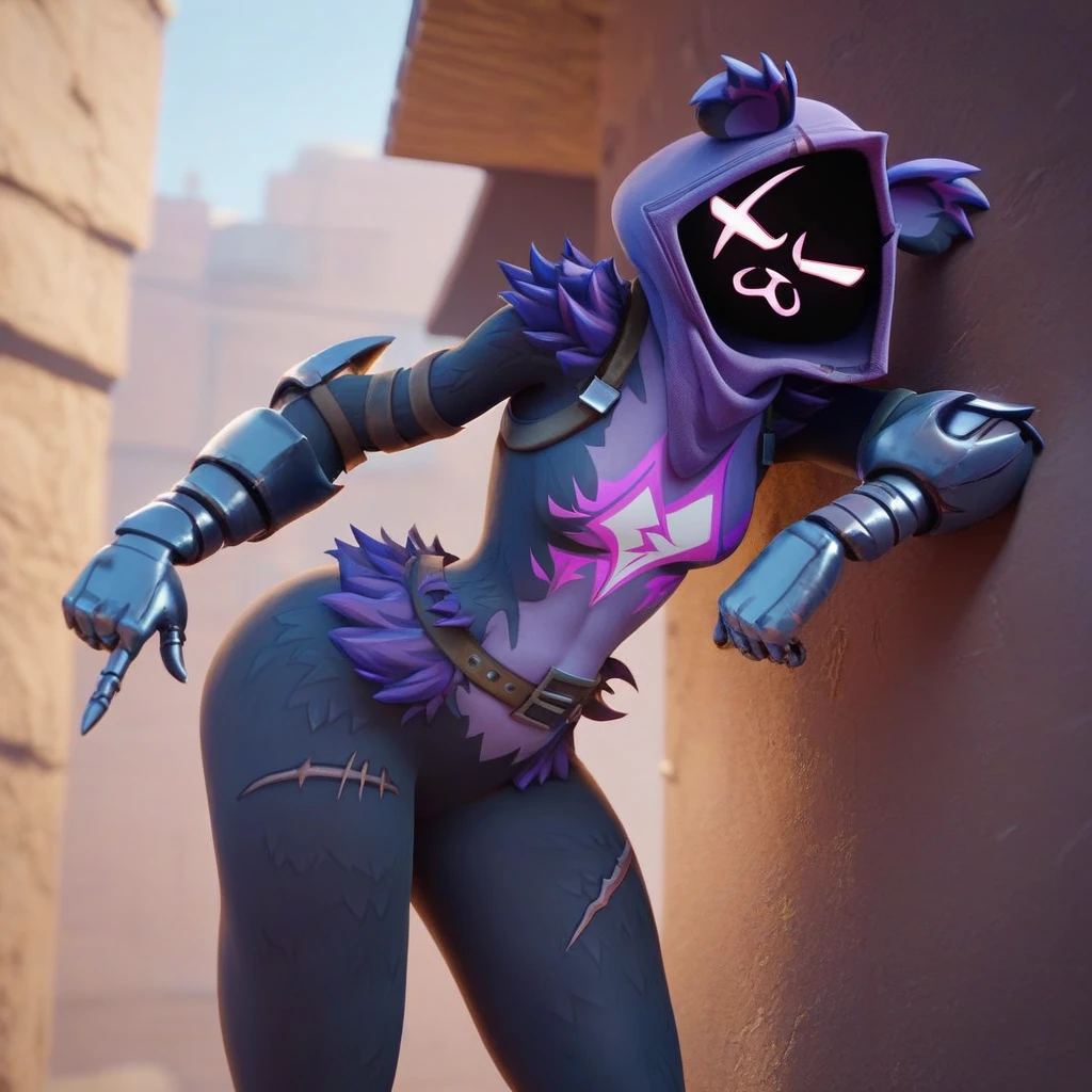 Raven team leader,purple hoodie, with no face, shadowed face, animal ears,purple skin, scar on eye, body skin, purple fur, waist belt, torso symbol, metal gloves, pointing your ass at the viewer, leaning forward, pushing, she closes her eyes, hands resting on top of a small wall, arms on top of a wall with her eyes closed, expression of force, stomachache, stomach growling. scenery and a sunny day