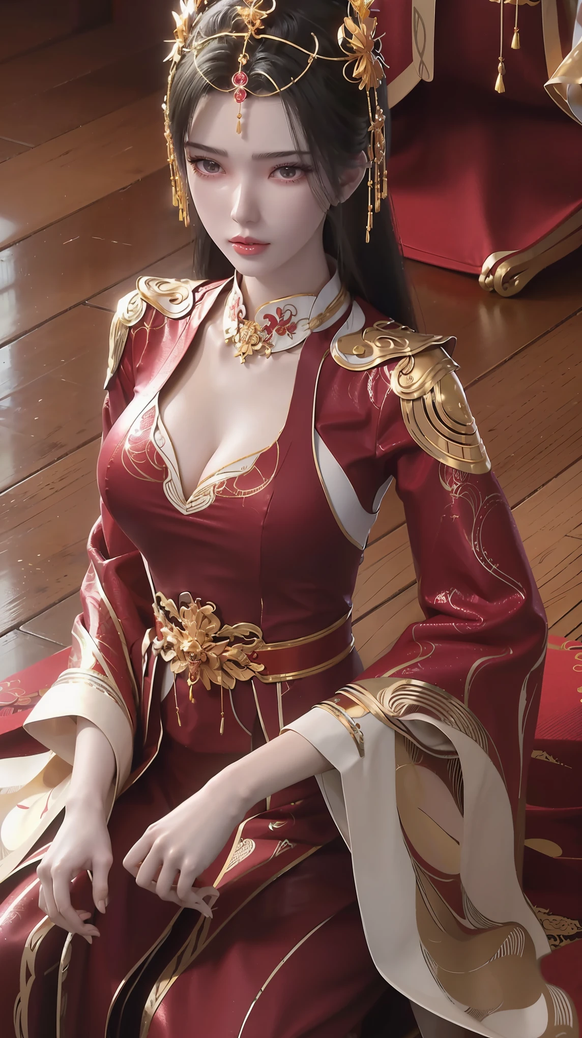 Close up of a woman in a red dress lying on a wooden floor, Japanese Goddess, Beautiful Chinese model, beautiful goddess, beautiful Asian girl, Sexy Girl, Fair, smooth and translucent skin, Chinese Girl, Asian girl, Attractive anime girl, Sexy pose, Beautiful fantasy queen, Beautiful and detailed body and face, Smooth Red Bodysuit Set, Light milky white porcelain skin