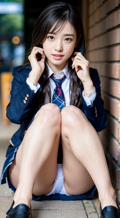 arafed asian woman in a school uniform sitting on the ground, Cute , a hyperrealistic , of a  posing, Japan , School Girl, japanese girl , a hyperrealistic , Young Pretty Gravure Idol, Seifuku, Realistic Young Gravure Idol, wearing japanese , beautiful anime high school girl