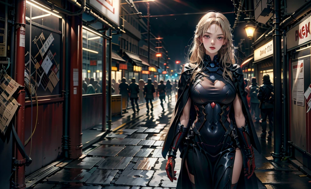 1girl,Alicia Viewsrtream, blonde hair, wavy hair, long hair,red lips,red impossible clothes,red elbow gloves,red thigh boots,cape,incredibly absurdres,Volumetric Lighting,moody lighting,thighs,realistic,reality,hetero,smug,fighting_stance, best quality:1.4, intricate details, sharp focus, highres, eleborate atmosphere:0.90, 8K, 4K, UHD, 32k UHD resolution, realistic photo, professional photography, Ultra Detailed 8K CG, ultra high res, High quality texture, High quality shadows, vivid colors, HDR, space station, windows, military officers,