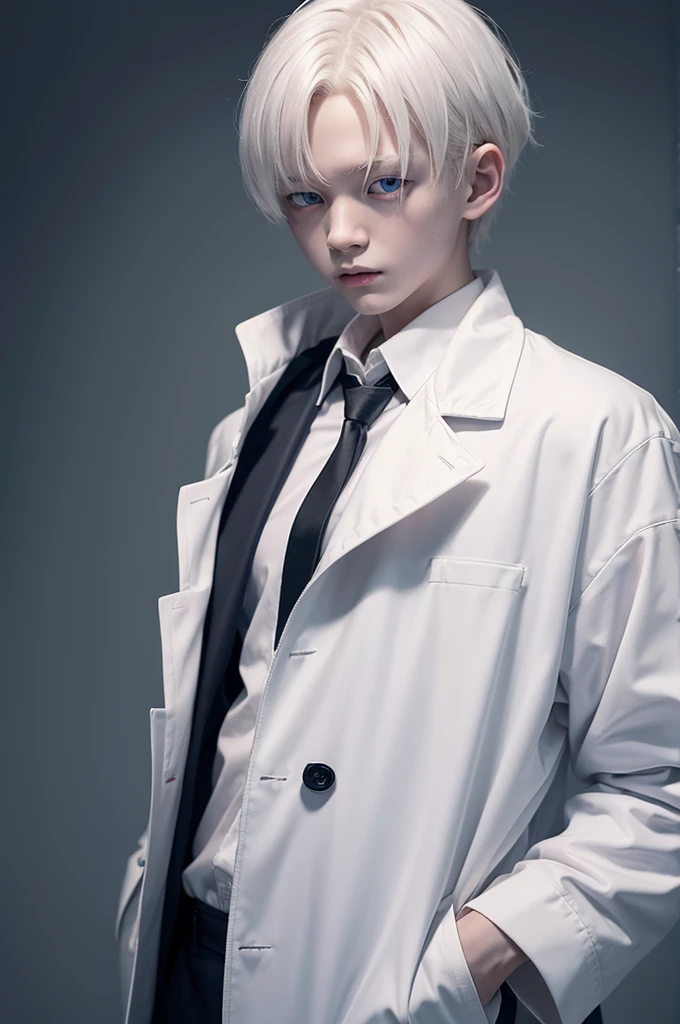 Albino boy, Eyes red, labcoat
