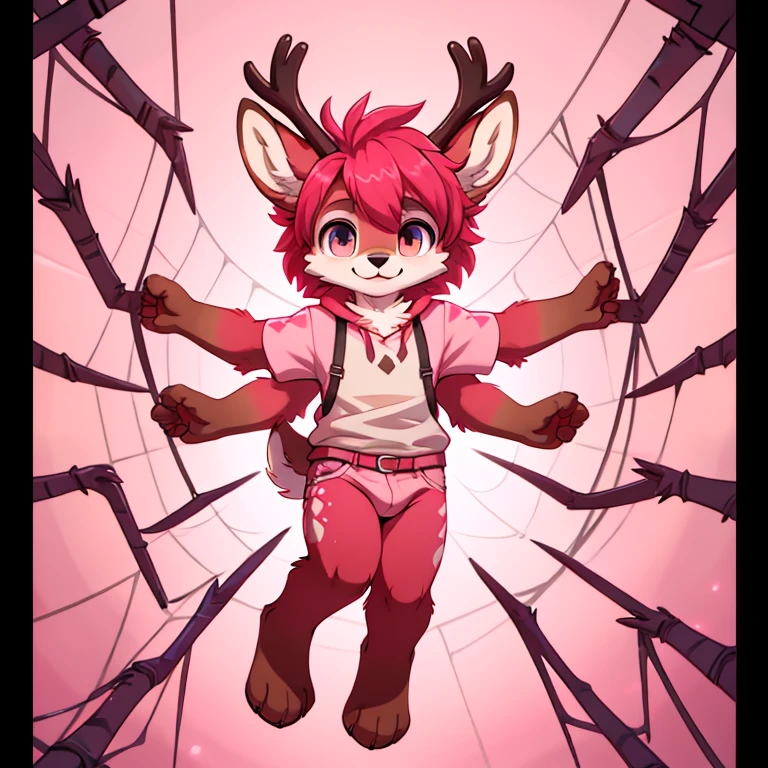 One half deer half spider anthro, furry, red fur, red and pink color scheme, cute, young boy, spider, multiple sets of arms,