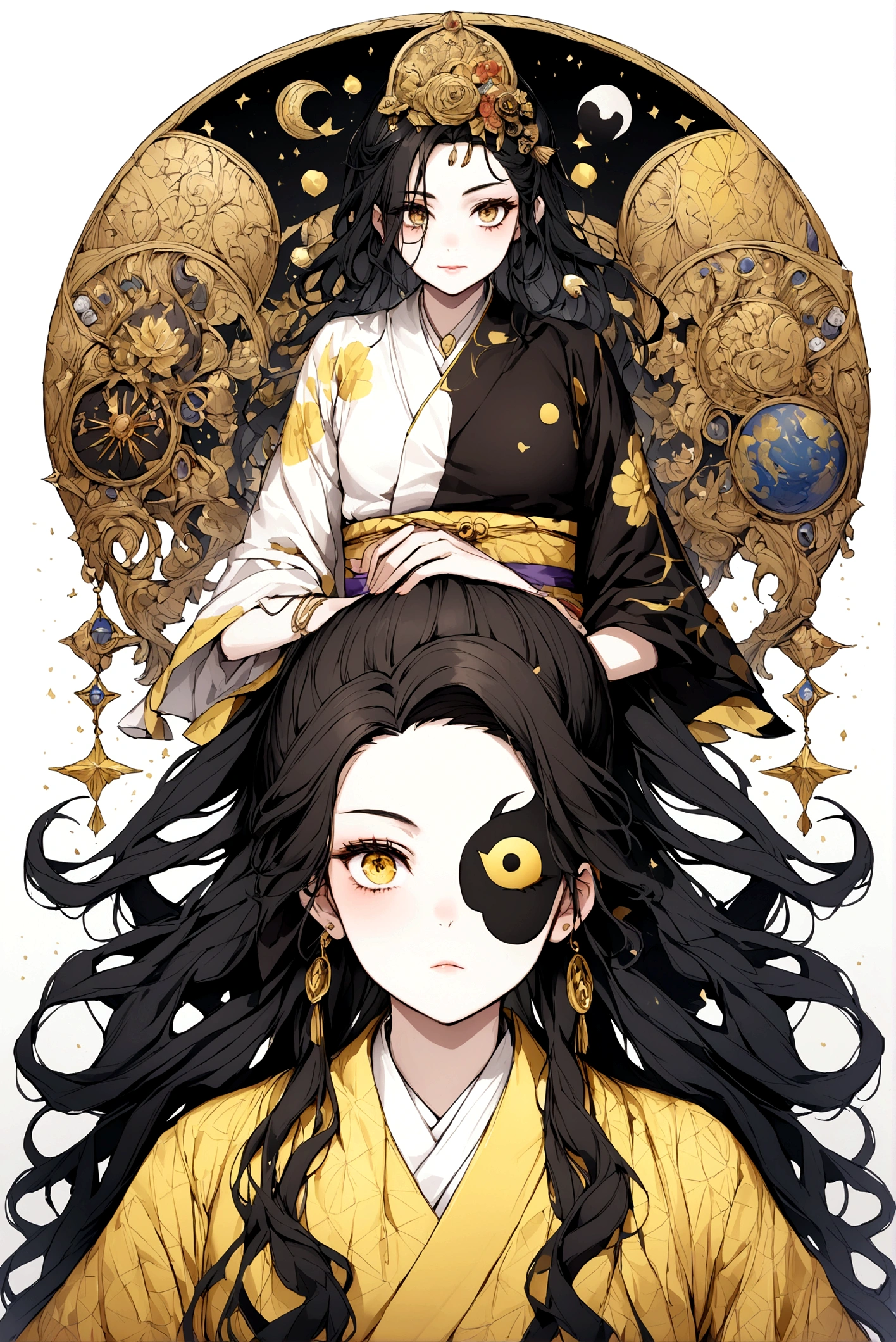  pretty ager,Bblack hair,one eye black and the other yellow, kimono half moon and the other half sun  