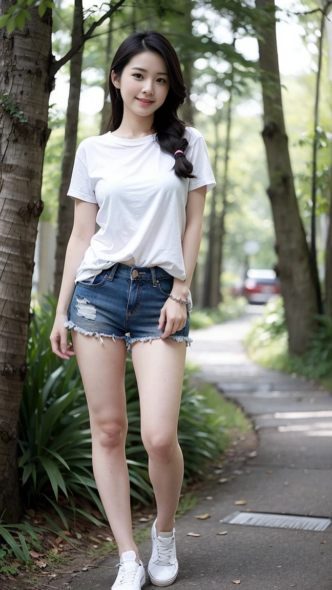 masterpiece, best quality, Surreal, Ultra Detailed, 8k resolution, RAW photos, Clear focus, (A girl in the forest),Asian woman in a blue top and white shorts posing for a photo,Breast augmentation, Full body posture, Solitary, Perfect body, , 32 inches in the chest,(a charming smile:1), (sexy pose),26 years old, light,White shoes,Nozomi Takemura, Oka Yasumoto, Chiho, Ogata Aoi, Motto Cave, Yoshitomo Nara, Kakinuchi Megumi, Harumi, Kojima De Ami, Beichuan Marin,