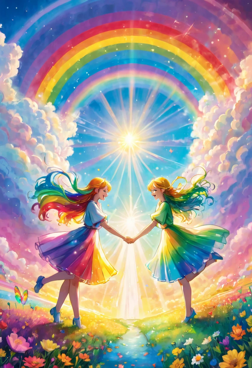 Angels holding hands, brighting big earth, happiness, smiles, love, big rainbow colored light