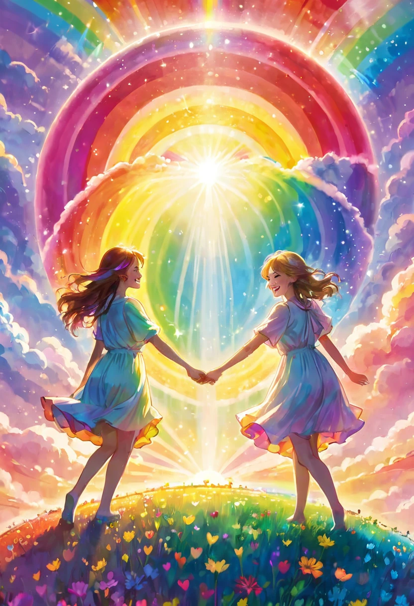 Angels holding hands, brighting big earth, happiness, smiles, love, big rainbow colored light