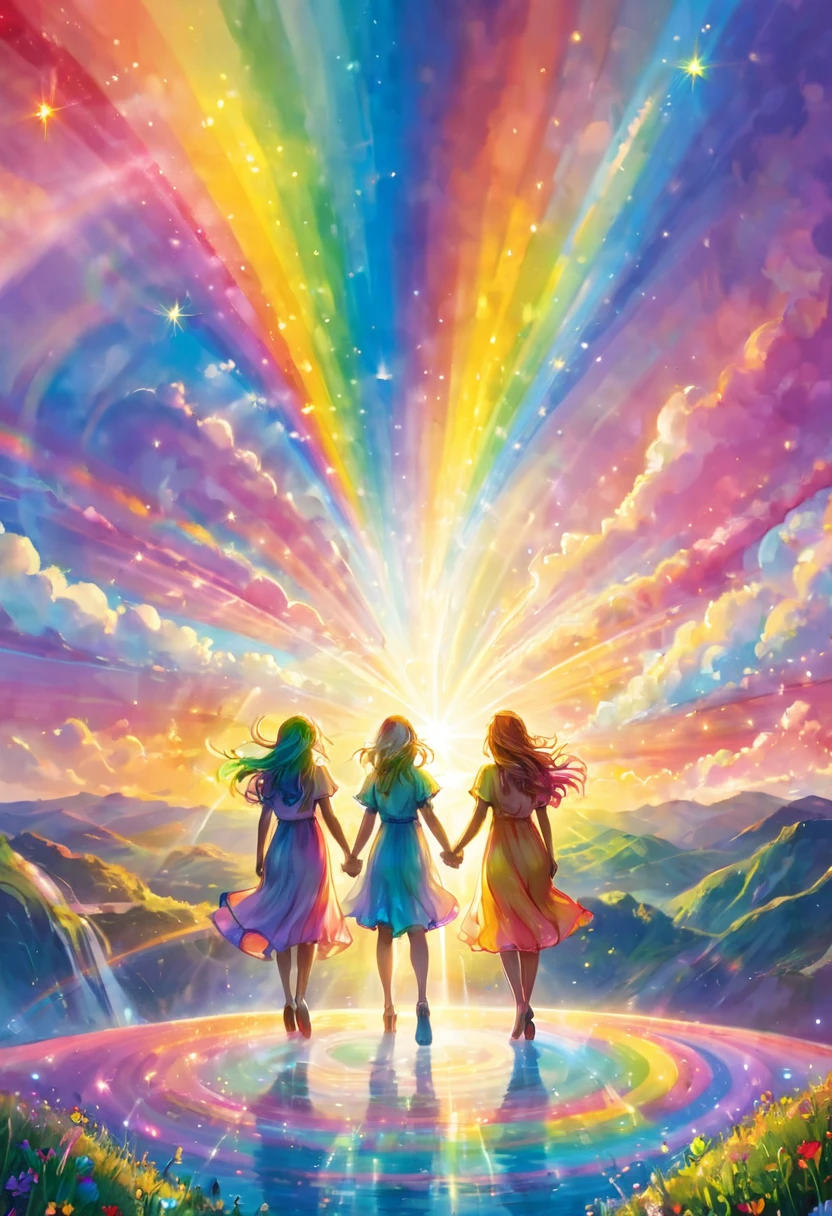 Angels holding hands, brighting big earth, happiness, smiles, love, big rainbow colored light