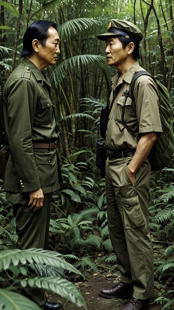 Norio Suzuki meeting Hiroo Onoda in the jungle, both looking surprised and curious, surrounded by thick vegetation.