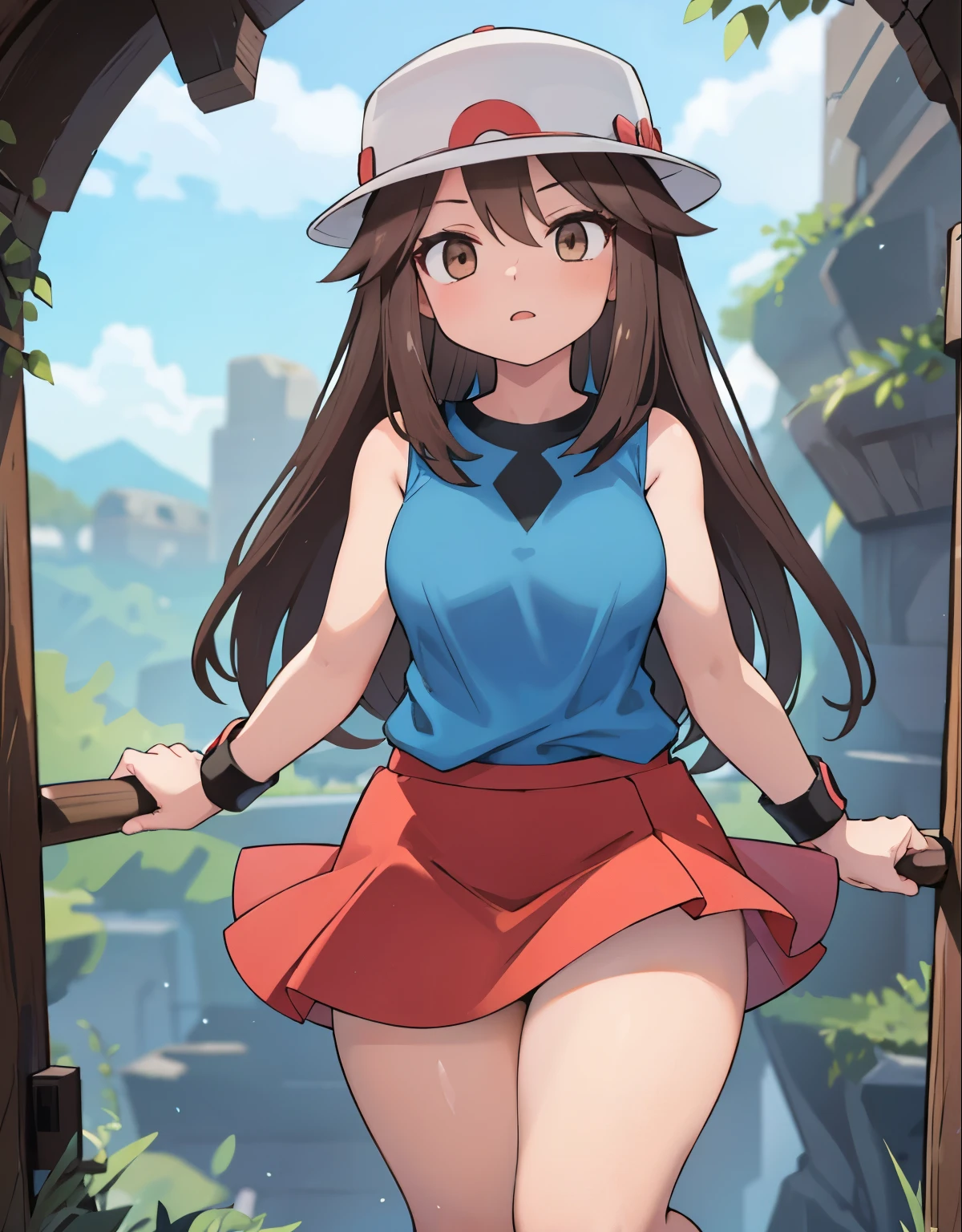 a girl on her knees with her mouth open, 1trainerleaf1, sleeveless shirt, black wristbands, visible thighs,thick thighs,red skirt,blue shirt, brown eyes, white hat, hands on thighs, inside a deep cave, View from above, beautiful and detailed eyes, feminine charm