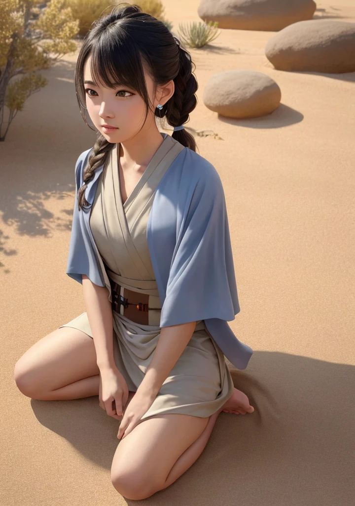 (Jedi meditation:1.3), serene photo,1girl, Jedi master in deep meditation,  in jedioutfit, sitting cross-legged,  (desert oasis:1.1), surrounded by blooming desert flowers, harmonizing with the Force, spiritual retreat, transcendent tranquility, desert enlightenment,  Absurdres, hdr, ultra detailed illustration, extremely detailed face, RAW photo, film grain, skin pores, trending on deviantart 