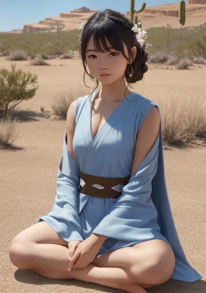 (Jedi meditation:1.3), serene photo,1girl, Jedi master in deep meditation, in jedioutfit, sitting cross-legged, (desert oasis:1.1), surrounded by blooming desert flowers, harmonizing with the Force, spiritual retreat, transcendent tranquility, desert enlightenment, Absurdres, hdr, ultra detailed illustration, extremely detailed face, RAW photo, film grain, skin pores, trending on deviantart