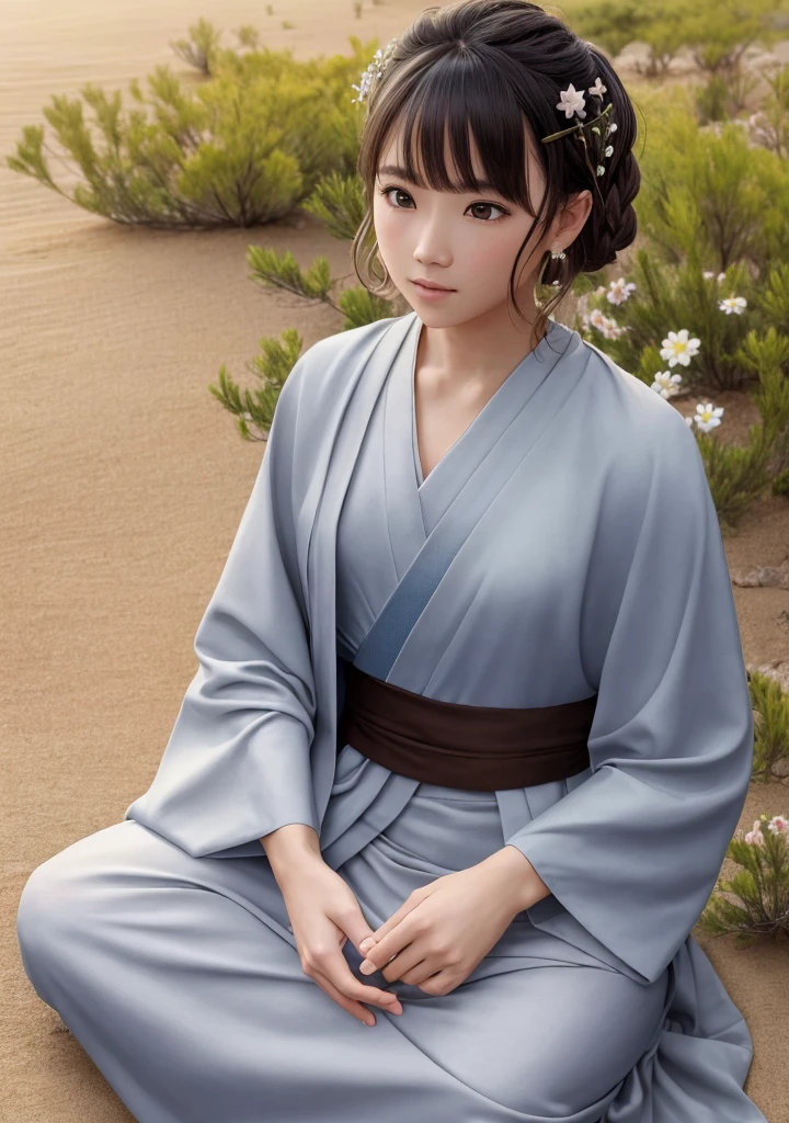 (Jedi meditation:1.3), serene photo,1girl, Jedi master in deep meditation, in jedioutfit, sitting cross-legged, (desert oasis:1.1), surrounded by blooming desert flowers, harmonizing with the Force, spiritual retreat, transcendent tranquility, desert enlightenment, Absurdres, hdr, ultra detailed illustration, extremely detailed face, RAW photo, film grain, skin pores, trending on deviantart