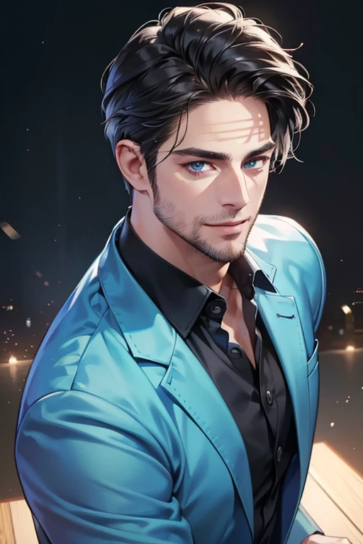 a handsome 35 year old man, 3 day beard, dark hair, sharp jawline, (mesmerizing blue eyes), perfectly styled hair, wearing cool anime outfitt, dynamic lighting, (CEO), (expression, smile in love), (best quality,4k,8k,highres,masterpiece:1.2),ultra-detailed,(realistic,photorealistic,photo-realistic:1.37)