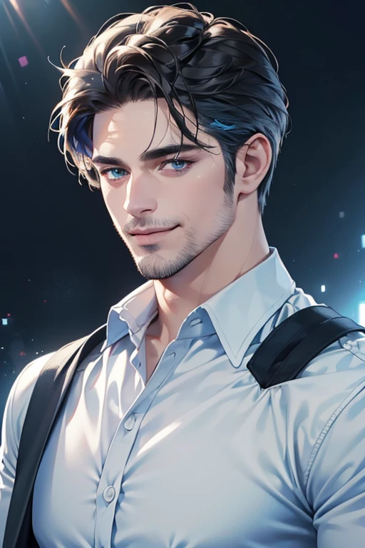 a handsome 35 year old man, 3 day beard, dark hair, sharp jawline, (mesmerizing blue eyes), perfectly styled hair, wearing cool anime outfitt, dynamic lighting, (CEO), (expression, smile in love), (best quality,4k,8k,highres,masterpiece:1.2),ultra-detailed,(realistic,photorealistic,photo-realistic:1.37)