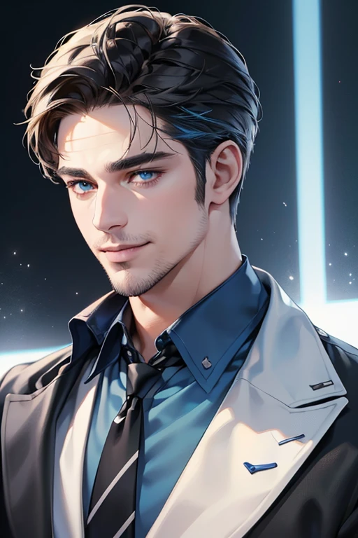a handsome 35 year old man, 3 day beard, dark hair, sharp jawline, (mesmerizing blue eyes), perfectly styled hair, wearing cool anime outfitt, dynamic lighting, (CEO), (expression, smile in love), (best quality,4k,8k,highres,masterpiece:1.2),ultra-detailed,(realistic,photorealistic,photo-realistic:1.37)