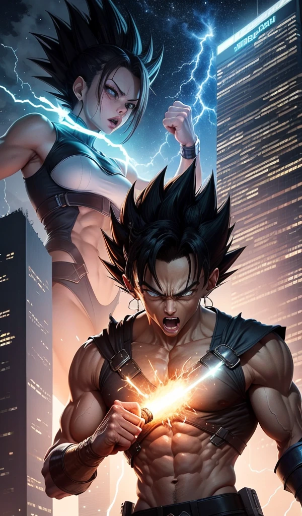 (Anime style, highly detailed), the two Saiyans clashing on top of a skyscraper, the building shaking from their power. Energy sparks fly as their fists connect, the night sky filled with bright flashes.