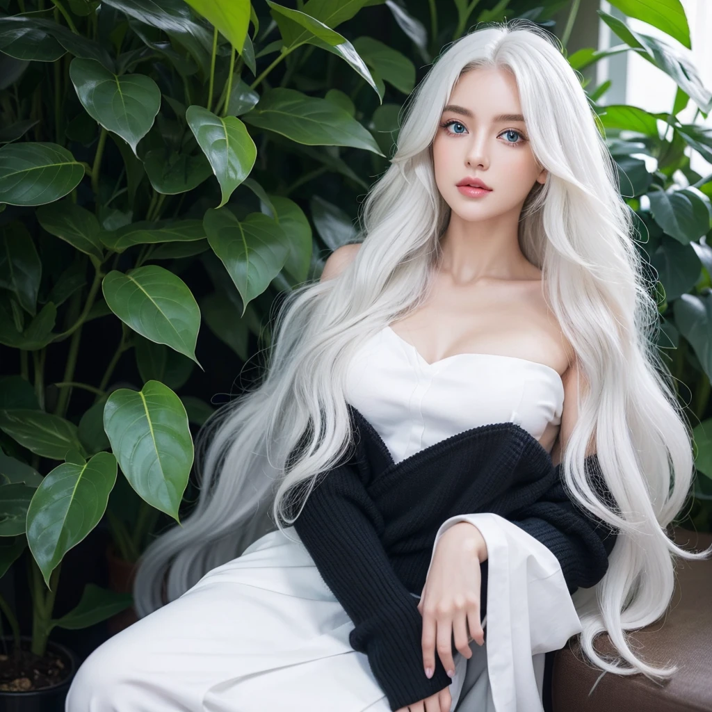 1 woman, White long curly hair,Natural and beautiful hair, clean and beautiful. White hair. Close lips. Blue natural eyes. Black clothes. Plantas. Animal black cat domestic, pet cat black.