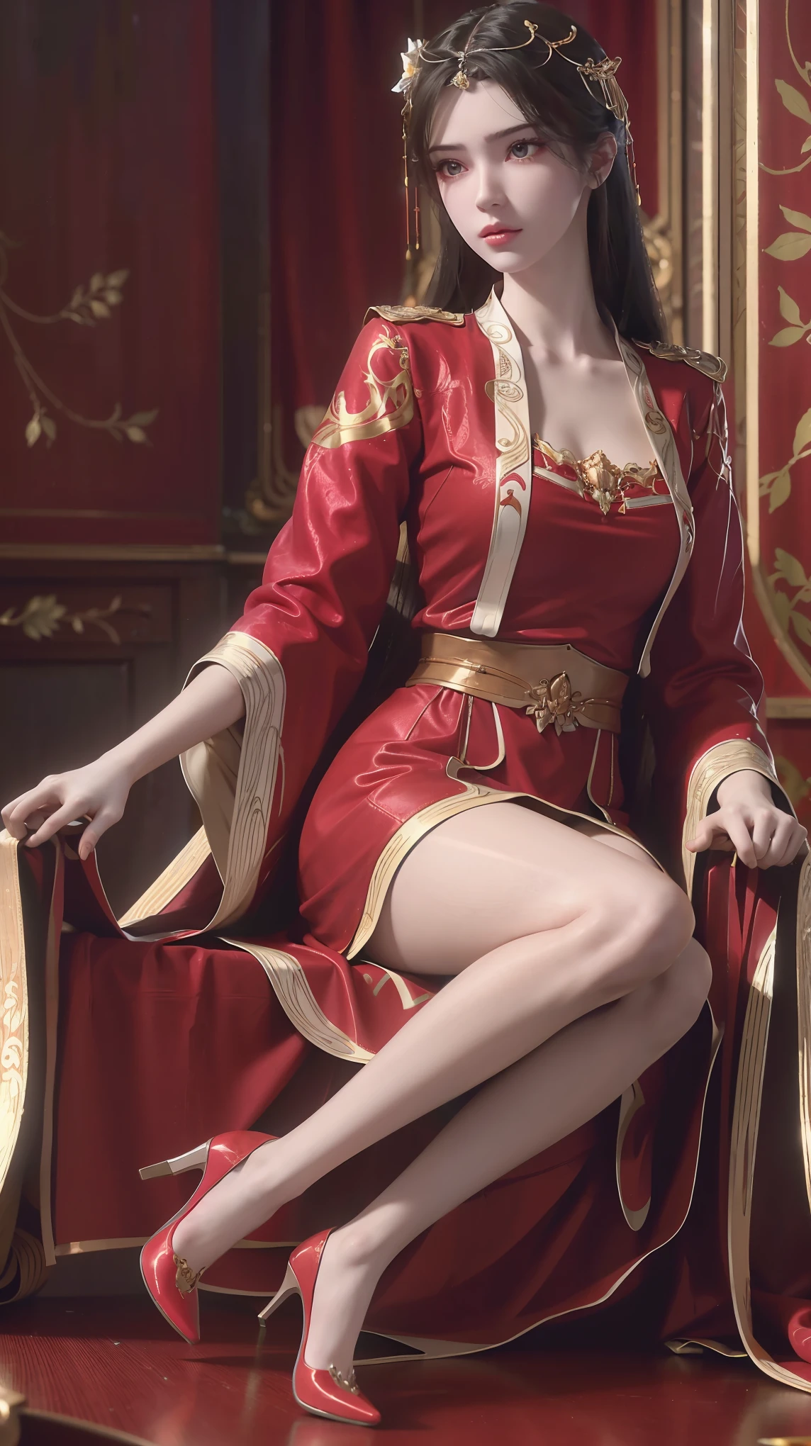 A beautiful young woman，Long hair，Wear red pajamas，Sitting on the bed，High heel，Wearing a dress，Side-lying，Cross-legged，Full body shot，(Best picture quality，4K,8K，high-definition，excellent work:1.2)，Ultra Detail，(Realistic，Realistic，Realistic:1.37)，Delicate eyes，Delicate lips，Extremely detailed face and eyes，Long eyelashes，Natural light，Warm colors，Soft Focus，，portrait，Chiaroscuro，Deep scene，Delicate eyes，Jade Hands，Clear fingers