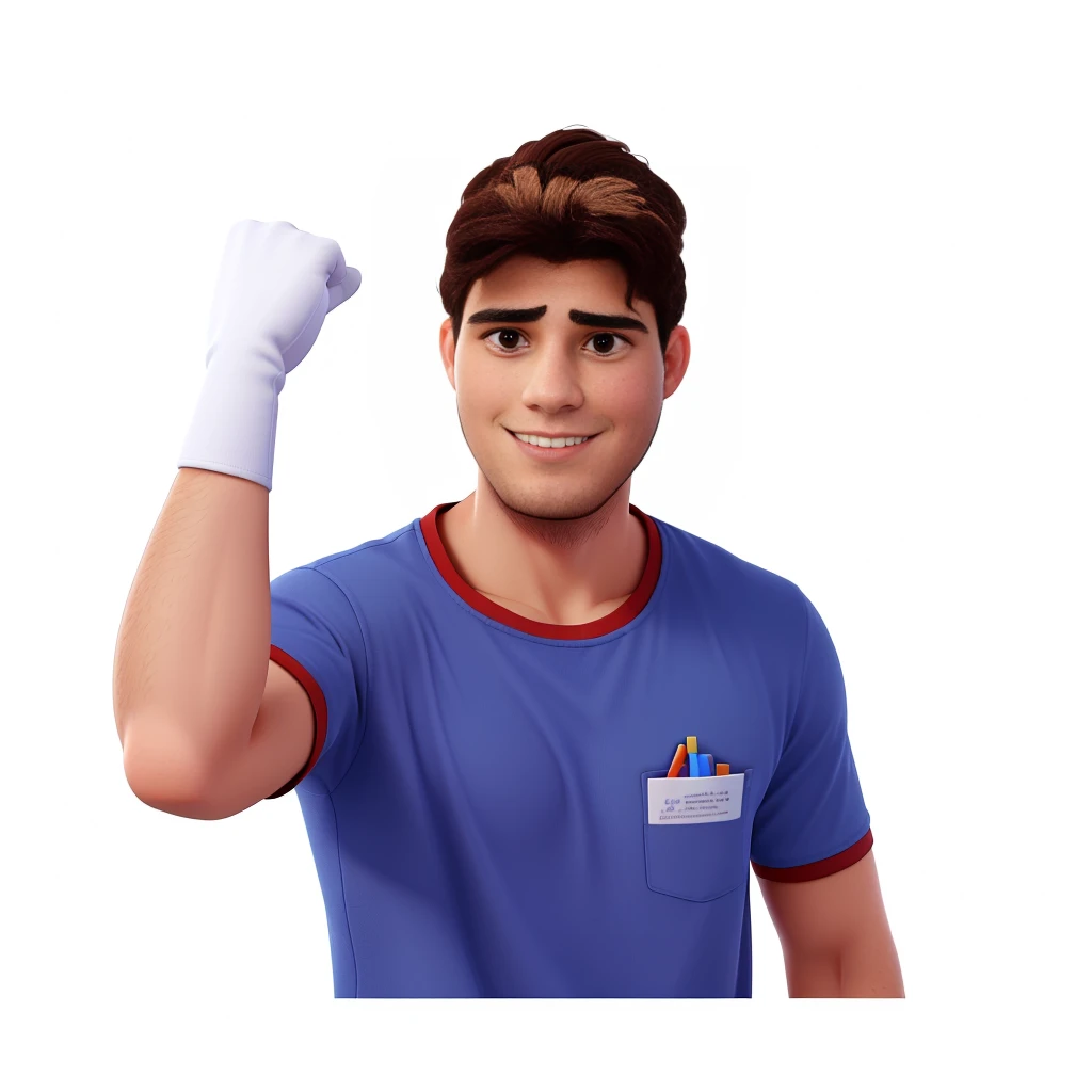 clean visual portrait and white background of a 26 year old man, called Pedrinho Marchioretto, short brown semi-curled hair, a plain royal blue shirt, with a black bone, 8k