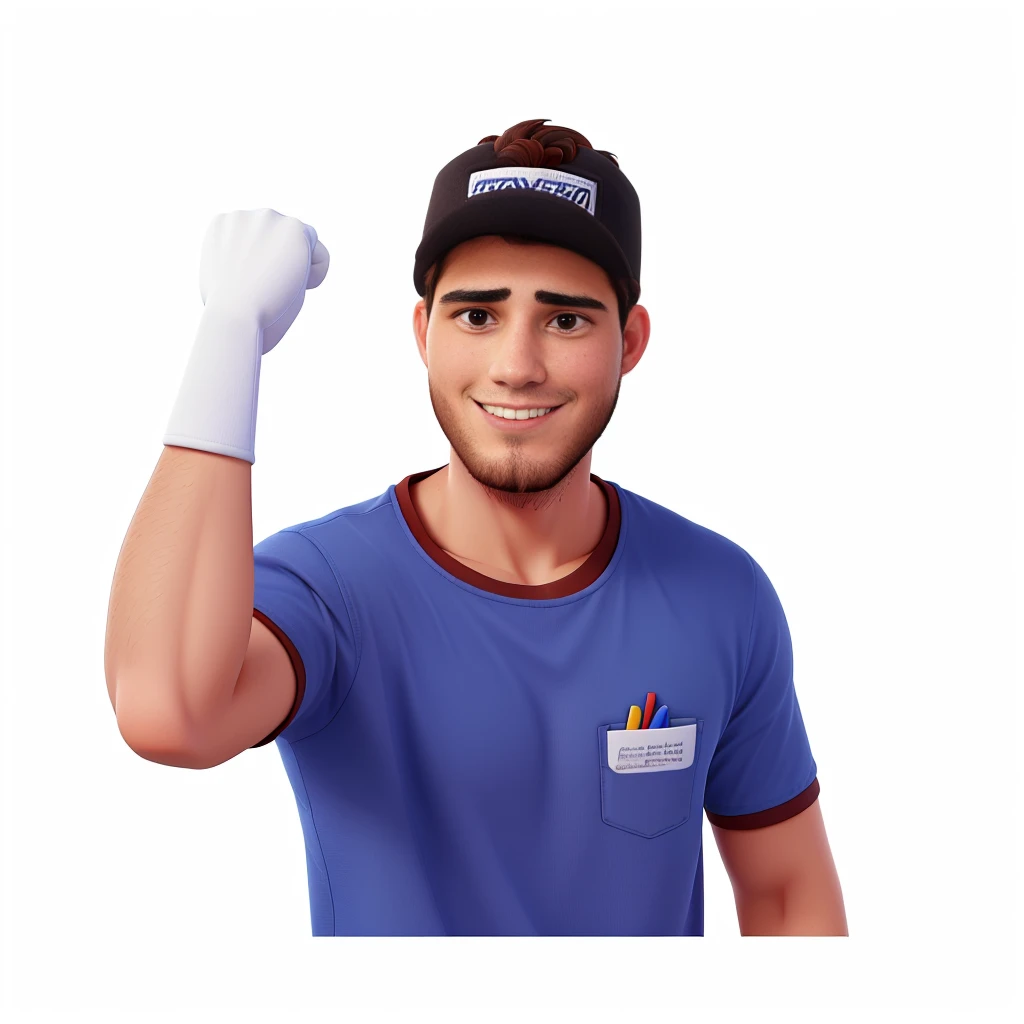 clean visual portrait and white background of a 26 year old man, called Pedrinho Marchioretto, short brown semi-curled hair, a plain royal blue shirt, with a black bone, 8k
