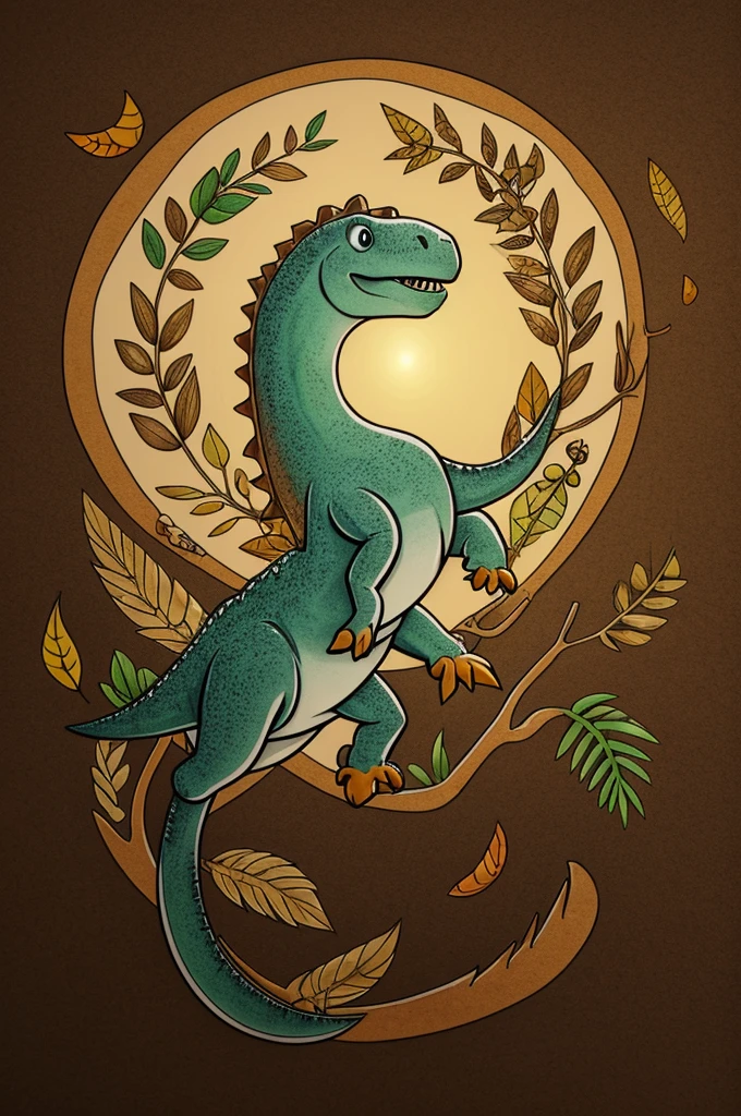 Light brown background with a dino in the center and that has a creative enternl and that it has leaves around it. Cartoon style drawing