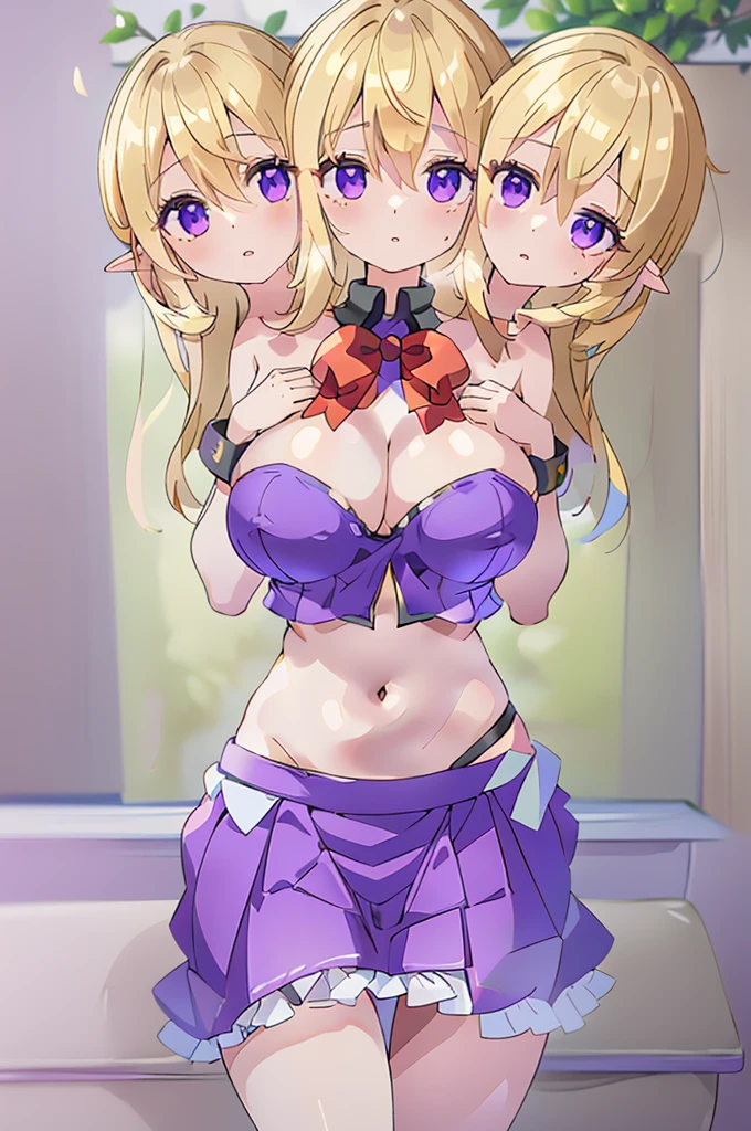 (masterpiece, best quality),best quality, (ultra-detailed), (3heads:1.5), 1girl, (maribel hearn:1.3), masterpiece, best quality, ultra quality, ultra resolution, ultra detail, purple top, crop top, ((stomach)), midriff, ((groin)), purple skirt, frilled skirt, miniskirt, normal ears, shackles, blonde hair, very long hair, wavy hair, sidelocks, purple eyes, parted lips, beautiful eyes, sweat, cute, toned belly, hand on own chest, eyelashes, (24 year old woman:1.3), (masterpiece:1.5), (best quality:1.5), (beautiful detailed extremely detailed CG, extremely delicate and beautiful, depth of field, (finely detailed face), (perfect details:1.3), (mature female:1.3), wide pelvis, slender, large veiny breast, 16k resolution, highres, high quality, high definition, extremely detailed, masterpiece, best quality, blonde hair, long hair, alluring presence, twin braid, short skirt, close up, very big tits, huge tits, young, mob cap, white headwear, red bow on hat, skirt hold, hair between the eyes, nsfw, open belly, midriff, cowboy shot, looking at viewer,