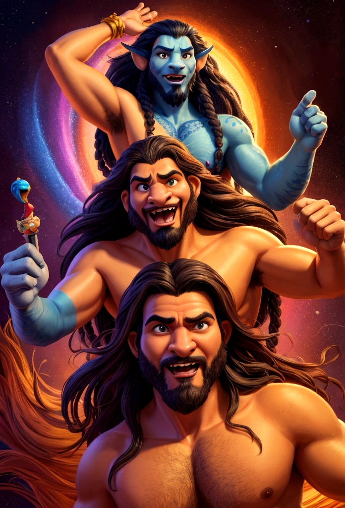A man with long hair and a beard, character Icaro Carvalho, character Caio Santos, character David Rios Ferreira, Avatar image, character Andrea Rocha, character Edu Souza, aged around 35 years old, Pixar cartoon style, vibrant colors, playful lighting, (best quality, 4k, highres, masterpiece:1.2), ultra-detailed, realistic:1.37, fine brush strokes, vivid expressions, dynamic poses, vibrant background, magical atmosphere, whimsical details, playful storytelling, lively and energetic characters, expressive eyes, flowing hair with intricate details.