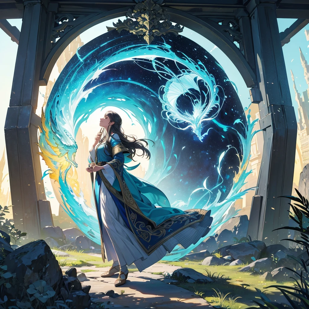 a wizard going through a portal to visit the ancient lemuria, award winning illustration, highly detailed, friendly colors, happy vibes, epic fantasy scene, intricate details, magical energy, glowing portal, mystical atmosphere, beautiful landscape, enchanted forest, stunning vista, serene ambiance, vibrant hues, warm lighting, ethereal energy, awe-inspiring composition, captivating story, masterful artistry, photorealistic quality, cinematic perspective, fantastical elements, dramatic lighting, dreamlike quality, imaginative design, seamless integration, exquisite rendering, flawless execution, breathtaking visuals
