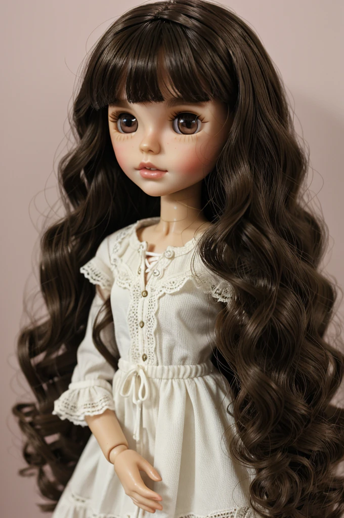 blythe doll of a brunette girl with wavy hair with dark eyes 