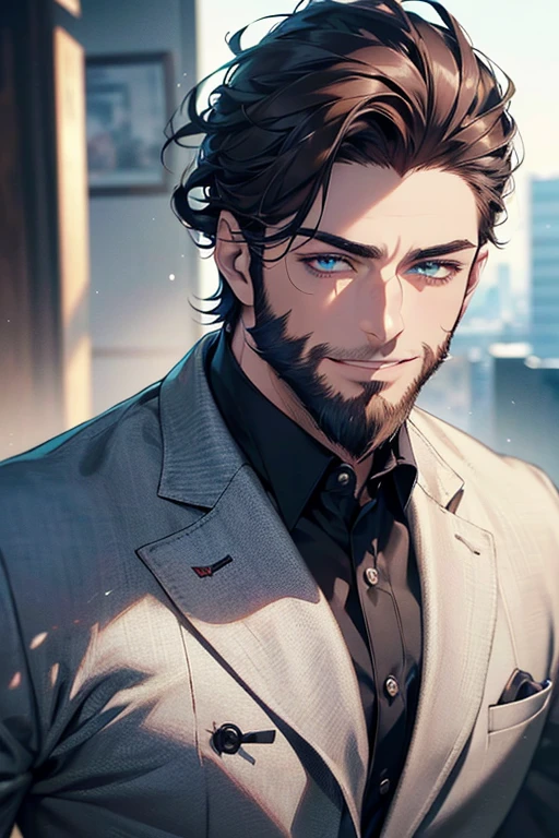 a handsome 35 year old man, 3 day beard, dark hair, sharp jawline, (mesmerizing blue eyes), perfectly styled hair, wearing cool anime outfitt, dynamic lighting, (CEO), (expression, smile in love), (best quality,4k,8k,highres,masterpiece:1.2),ultra-detailed,(realistic,photorealistic,photo-realistic:1.37)