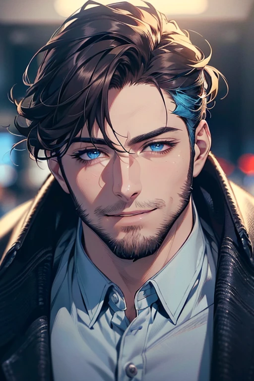 a handsome 35 year old man, 3 day beard, dark hair, sharp jawline, (mesmerizing blue eyes), perfectly styled hair, wearing cool anime outfitt, dynamic lighting, (CEO), (expression, smile in love), (best quality,4k,8k,highres,masterpiece:1.2),ultra-detailed,(realistic,photorealistic,photo-realistic:1.37)