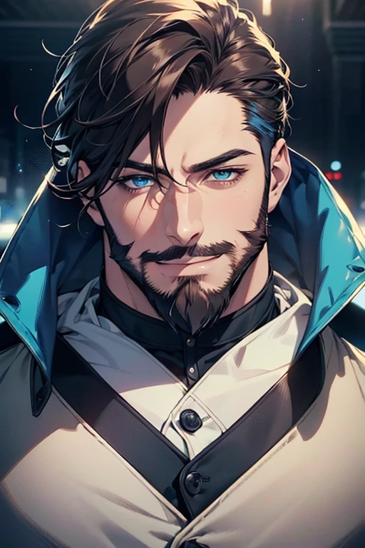 a handsome 35 year old man, 3 day beard, dark hair, sharp jawline, (mesmerizing blue eyes), perfectly styled hair, wearing cool anime outfitt, dynamic lighting, (CEO), (expression, smile in love), (best quality,4k,8k,highres,masterpiece:1.2),ultra-detailed,(realistic,photorealistic,photo-realistic:1.37)