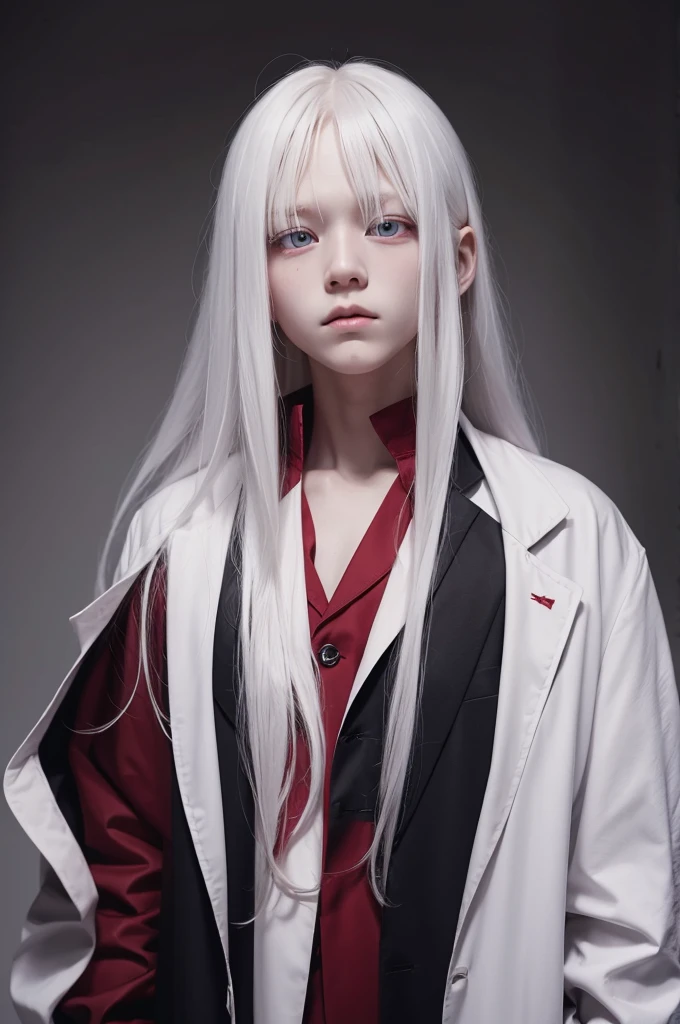Albino boy long hair, Eyes red, labcoat