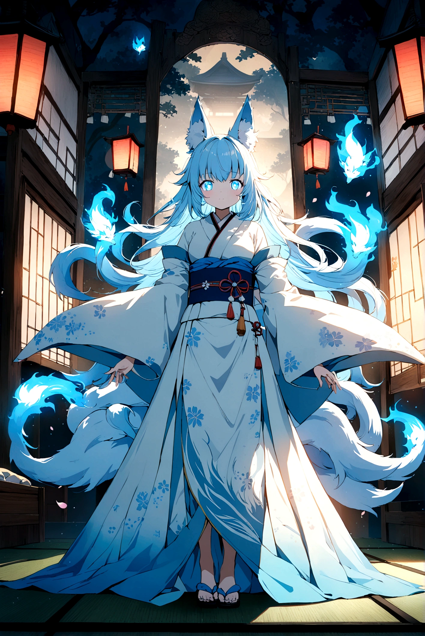 fox Light blue hair 　beast girl　indigo fur　fox beast girl　fox Light blue hair 　beast girl　indigo fur　fox beast girl　Wallpaper 4k,8k,highly detailled,,vivid colors,detailed kitsune with 9 tails,traditional Japanese artwork,tatami floor,beautiful cherry blossoms,floating lanterns,dark silhouette of a pagoda,subtle moonlight,dense forest,ethereal atmosphere,dappled sunlight,whimsical spirit,serene expression,elaborate kimono and obi,delicate hand-painted details,luminous eyes　Anime Style　fox　blue　White-faced golden-haired nine-tailed fox　Coat blue　　　mysterious background　Blue Flame　girl　have a ball of light Anime Style　fox　blue　White-faced golden-haired nine-tailed fox　Coat blue　　　mysterious background　Blue Flame　girl　have a ball of light