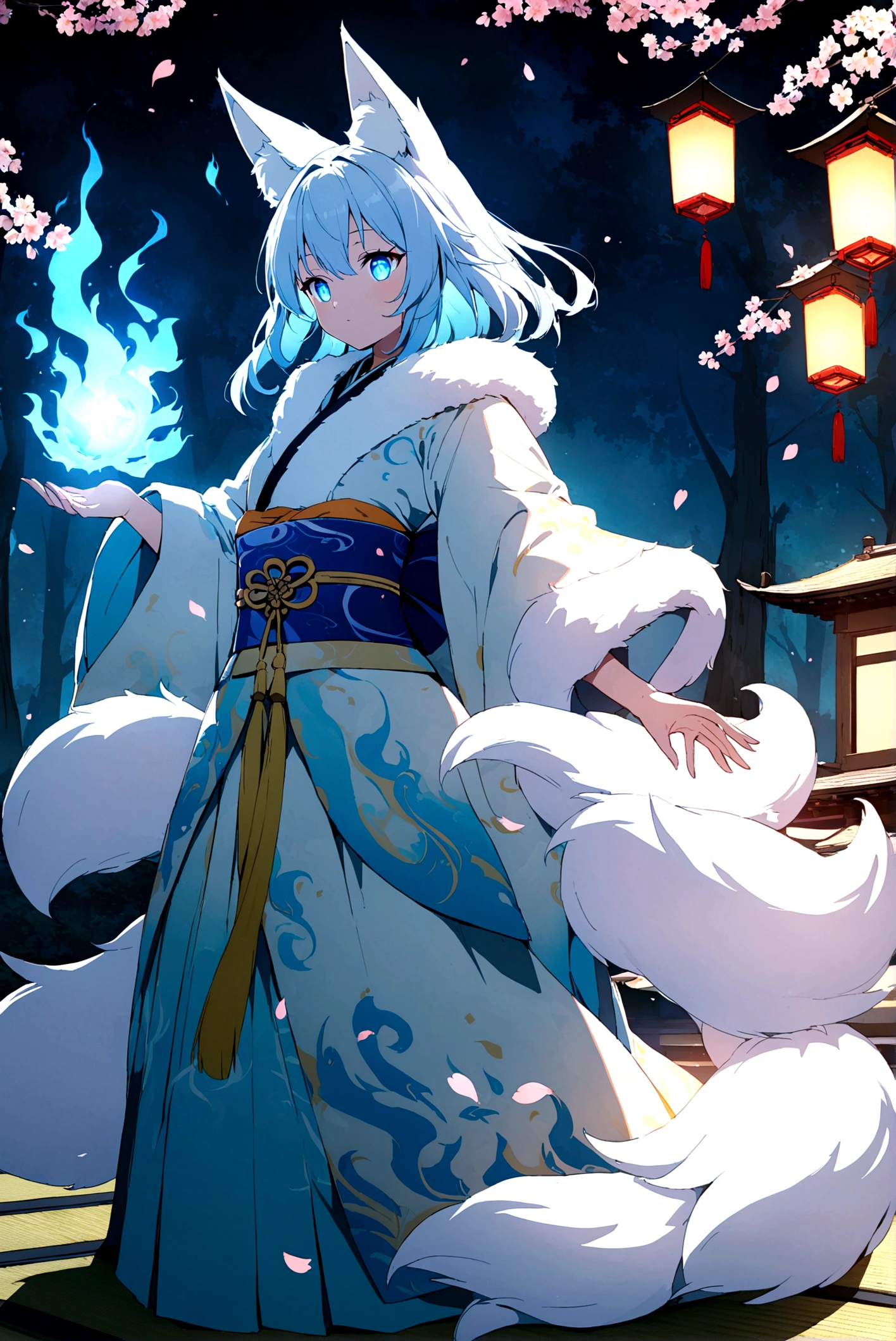 fox Light blue hair beast girl indigo fur fox beast girl fox Light blue hair beast girl indigo fur fox beast girl Wallpaper 4k,8k,highly detailled,,vivid colors,detailed kitsune with 9 tails,traditional Japanese artwork,tatami floor,beautiful cherry blossoms,floating lanterns,dark silhouette of a pagoda,subtle moonlight,dense forest,ethereal atmosphere,dappled sunlight,whimsical spirit,serene expression,elaborate kimono and obi,delicate hand-painted details,luminous eyes Anime Style fox blue White-faced golden-haired nine-tailed fox Coat blue mysterious background Blue Flame girl have a ball of light Anime Style fox blue White-faced golden-haired nine-tailed fox Coat blue mysterious background Blue Flame girl have a ball of light