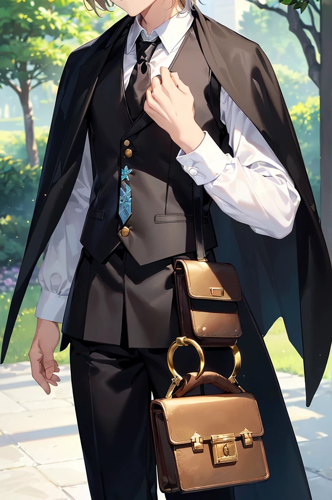 (masterpiece; best quality: 1.2), (finely detailed eyes: 1.3), ((1 male young kid)), ((solo)), (yellow eyes: 1.4), (body; short, slender: 1.3), (short white hair: 1.3), (beautiful and clear background: 1.2), ((depth of field)), (clothes: black vest + white shirt + black pants + black cape + black-and-gold necktie + traveler satchel and pouches: 1.3), (anime illustration: 1.2), (background; garden exterior: 1.1), (extremely fine and handsome: 1.1), (shot composition; standing + close-up: 1.5), (expression; calm, stoic: 1.2)