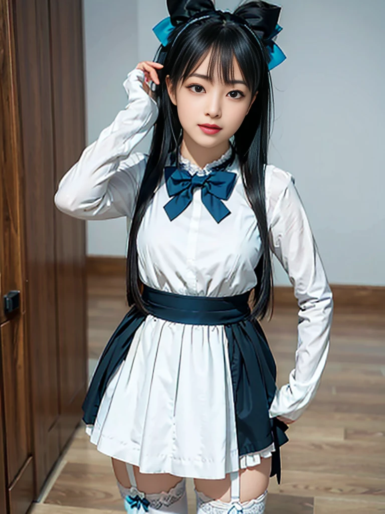 (8K, Raw photo, Best Quality, masutepiece:1.2), high-definition RAW color photography, professional photograpy, (Realistic, photographrealistic:1.37), ((Best Quality)), various attractive posing, full body shot;1.2. 1young girl, asymmetrical legwear, (black bow:1.2), black ribbon, (blue hair:1.5), bow, breasts, gloves,(hair bow:1.3), (very long hair:1.2), simple background, standing, striped bow, thighhighs, white background, white gloves, (lace legwear:1.2), Delicate hands, detailed fingers, five fingers, (one hand pinching the waist:1.3), (twintails:1.3), realhands, nsfw
