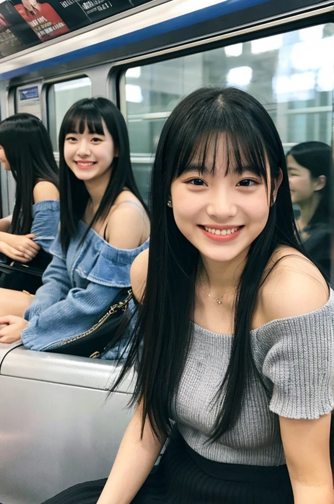 Girls in their 20s、Long black hair、There are bangs、Off-the-shoulder dress、Looking at me and smiling、on the train