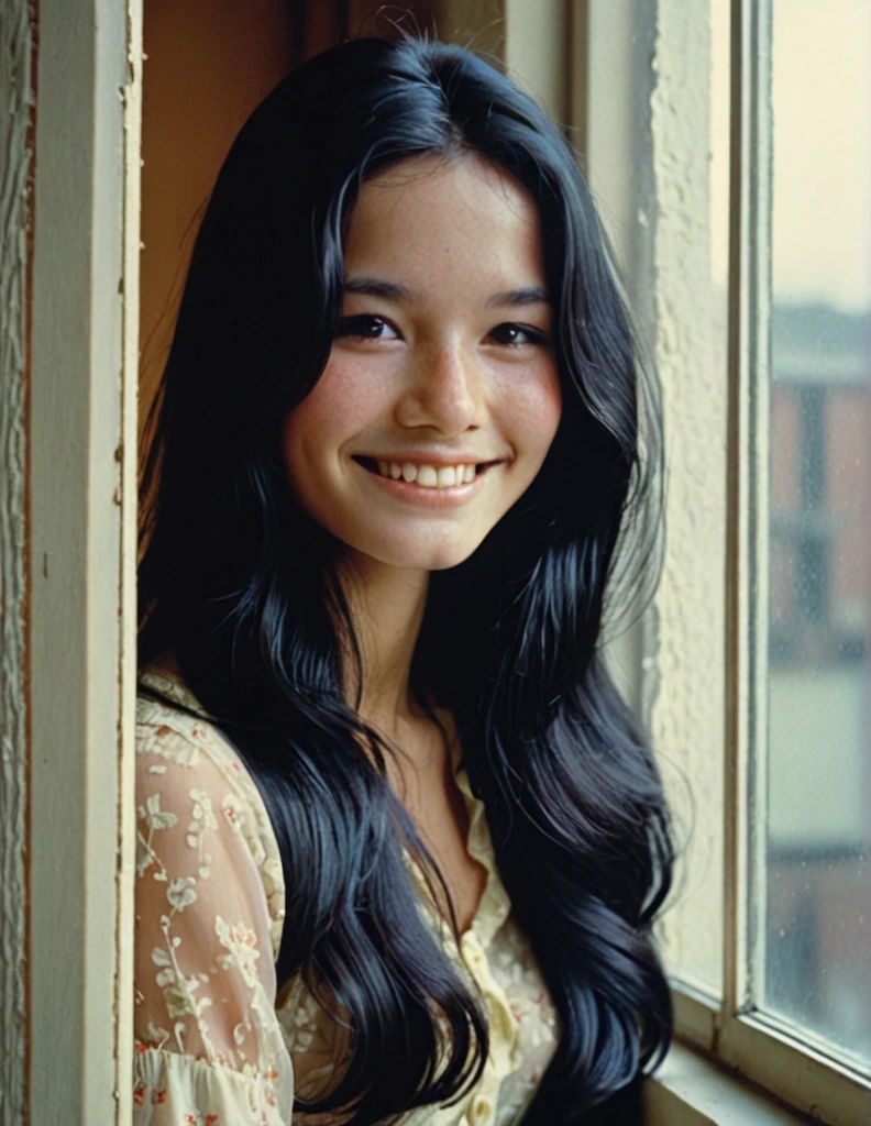 award winning photo, 1970s era, joy19, delicate, beautiful, long black hair, cute smile, cinematic, inside a window